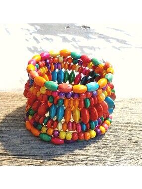 Vintage 90s Bali Sustainable Multicolor Wood Beads Memory Wire Wrap Bracelet